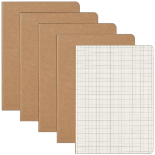 ZCZN A5 Squared Notebook 5 Pack Kraft Cover Grid Notebooks 60 Pages Each Ideal for Writing Drawing and Organising