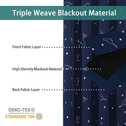LORDTEX Dinosaur and Star Foil Print Blackout Curtains for Kids Room - Thermal Insulated Curtains Noise Reducing Window Drapes for Boys and Girls Bedroom, 52 x 63 Inch, Navy, Set of 2 Panels