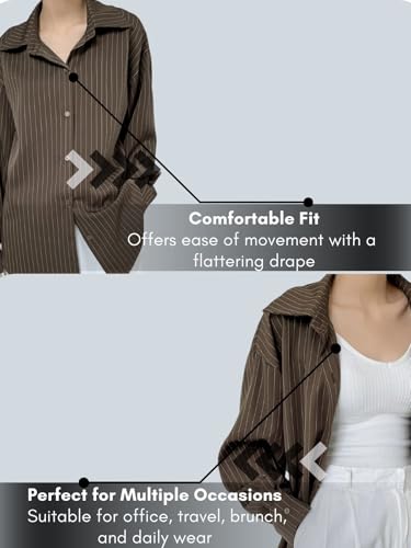 Image of GRECIILOOKS Striped Shirt for Women | Korean Style Full Sleeve Oversized Button Down Shirts | Tops for Women | Shirt for Woman | Plus Size Top for Office & Casual Outfit
