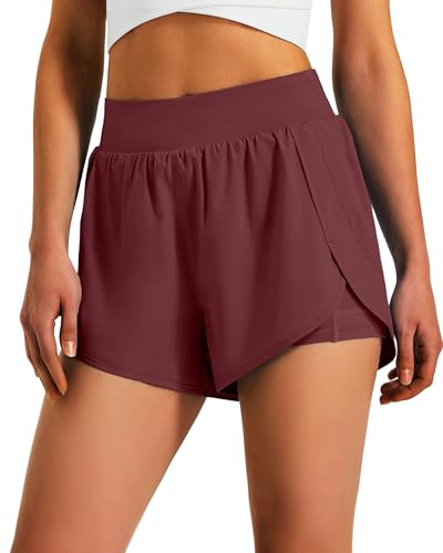 Ksmien Womens 3 Athletic Running Shorts - 2 in 1 Quick Dry Split Workout Gym Shorts with Liner Phone Pockets Dark Wine Red