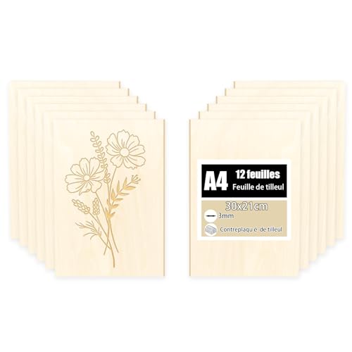 12 Pièces Contreplaqué Tilleul 3mm - 30x21cm - Feuilles Bois pour Découpe Laser, Pyrogravure & Gravure - Idéales pour Maquettes, Bricolage et Projets Artisanaux ((300 * 210 * 3mm)12PCS)
