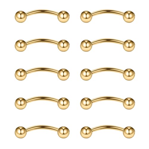 Gojewen 10pcs Or Sourcils Barbells Courbés pour Lèvres Rook Hélix Bridge Anneau Ventral 16G Acier Inoxydable 10mm