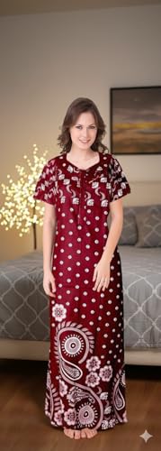 Image of Women Cotton Nighty Combo Pack of 2, Printed Maxi Nighty Gown, Short Sleeve Cotton Nightdress, Soft Breathable Ankle Length Sleepwear Nightwear for Ladies, Free Size