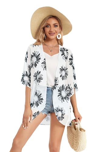 KASTWAVE Women's Floral Print Puff Sleeve Kimono Cardigan Loose Cover Up Casual Blouse Tops, Dasiy White