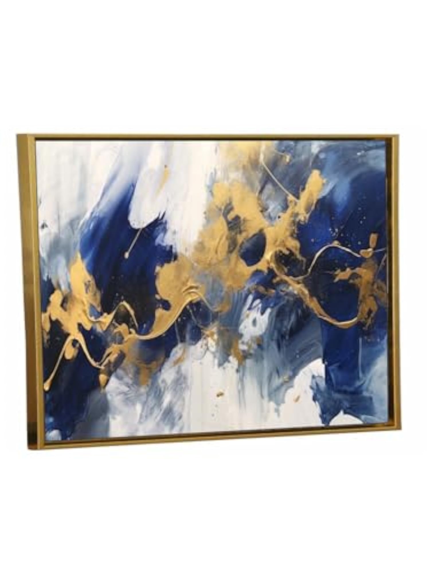 Blue & Gold Abstract Wall Art with Golden Floating Frame