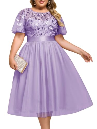 Image of Ever-Pretty Plus Women's Round Neck Embroidery Short Sleeves Sequin Tulle Midi Plus Size Cocktail Wedding Guest Dresses Lavender US20
