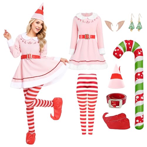 Ficlwigkis Buddy Elfen Kostüm Herren Damen Grün Rosa Elfen Kostüm Weihnachten Buddy mit Ohren Hut Gürtel für Weihnachten Erwachsener(Rosa, M)