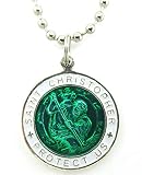 Baja Billy's St. Christopher Large Surf Medal Necklace Pendant, Protector of Travel gr-wh Green-White
