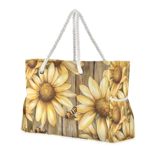 susiyo Large Yellow Daisies Bees Beach Bags for Women Large Travel Tote Bag Waterproof Sandproof Lightweight Swim Pool Bag for Family Outdoor