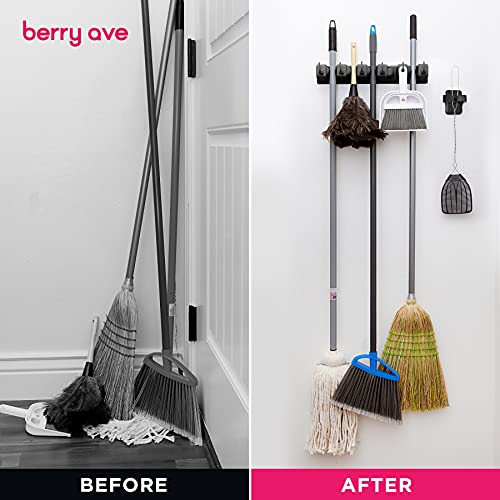Image of Berry Ave 2 Pack Broom Holder w / Mop Gripper- Self Adhesive,No-Drilling,Wall Mount Tool Organizers For Kitchen,Garage,Laundry Room- Anti-Slip Hanger For Brooms,Mops,Rakes,Dustpans (Combo / Black)