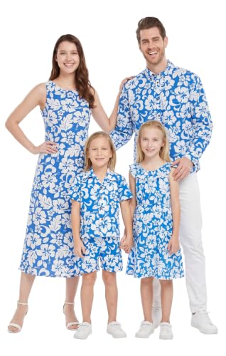 Image of Hawaii Hangover Family Matching Clothes, Classic Vintage Hibiscus Blue | Family matching Hawaiian outfits, Classic Vintage Hibiscus Blue, 100% cotton, machine washable, tropical floral print, luaus