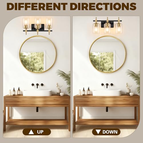 Asnxcju 3-Light Black and Gold Bathroom Light Fixtures, Vanity Lights for Bathroom with Textured Glass Shade, Modern Vanity Wall Lighting Over Mirror, Vintage Wall Lamp for Living Room Cabinet Hallway by Asnxcju - Used condition - Image 5