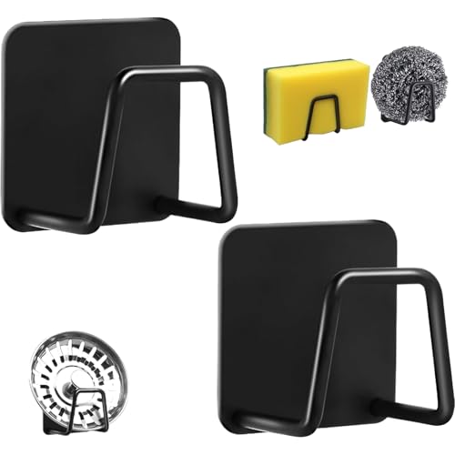 2 Pièces Porte-Eponge Auto-Adhésif pour Evier Cuisine - Support Noir avec Egouttements