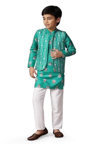 Image of Fashion Dream Boy's Cotton Blend Printed Kurta Pyjama And Jacket Set|Kurta And Payjama Set