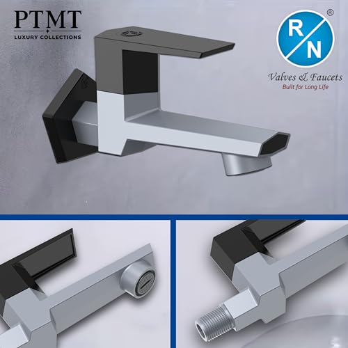 Image of RN PTMT Long Body Bib Cock for Bathroom | 15mm Long Body Foam Flow Water Tap with Flange | Luxury G20 Collection Faucet | High-Grade Engineering Polymer Tap (Metallic Grey Black Dual, Pack of 4)