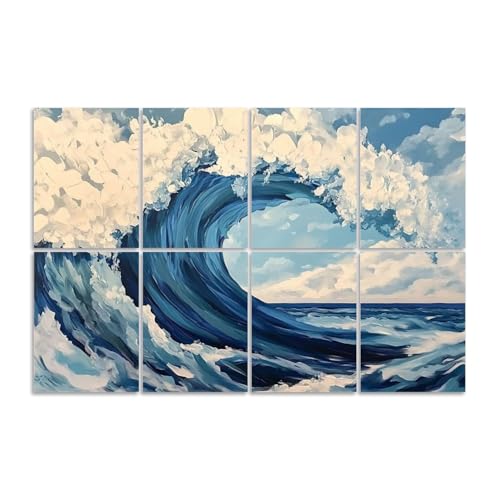 8 Pack Paneles acústicos artísticos de espuma absorbente de sonido con diseño de ondas oceánicas azul y blanco, paneles decorativos autoadhesivos para estudios de grabación y oficina 48"x32" miniatura 1