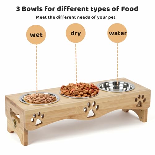 WPAJIRZO Katzennapf erhöht 3er Set - Edelstahl-Näpfe für Wasser & Futter mit Höhenverstellbarem Holzständer - Ergonomische Futterstation für Katzen & Welpen