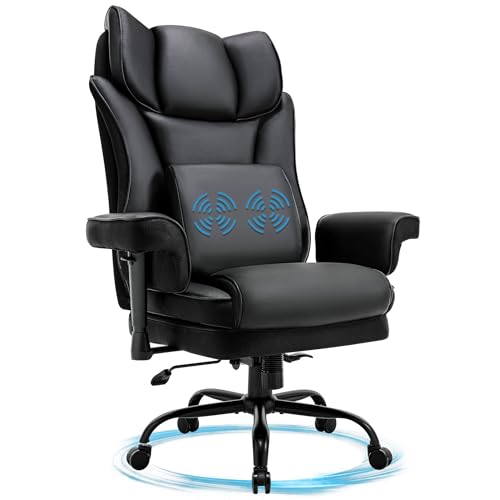 BOSMILLER Big and Tall Office Chair, 500lbs Rocking Massage High Back Desk Chair, Ergonomic Executive Office Chair with Adjustable Padded Armrest and Lumbar Support, Adjustable Height(Dark Black)