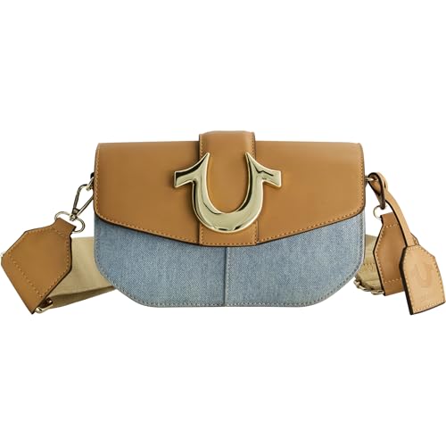 True Religion Saddle Bag, Women's Denim and Faux Leather Crossbody Purse with Adjustable Shoulder Strap, Light Blue -  TNFB0234E-450