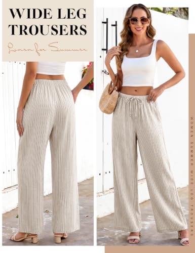 Image of Linen Pants for Women Boho High Waist Wide Leg Flowy Palazzo Pants | Summer Beach Vacation Pants, Cold Water Wash, Soft Casual Pants, High Waisted Drawstring, Elastic Waist Trousers, Sheer