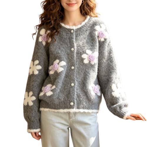 Image of FindThy Women's Kawaii 3D Floral Cardigan Long Sleeve Crewneck Knit Cardigan Sweaters