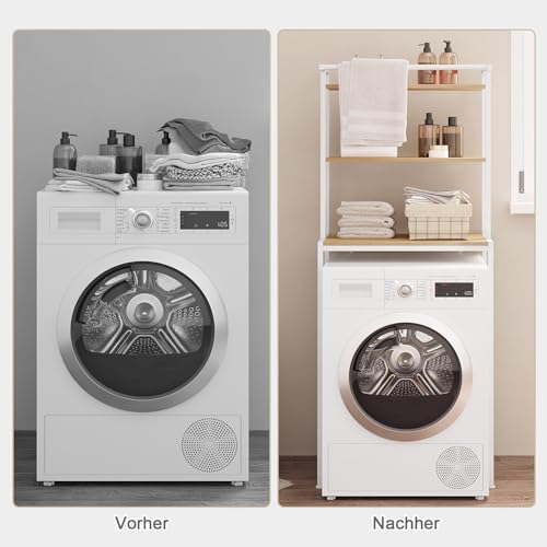EUGAD Waschmaschinenregal, WC Regal über Waschmaschine Toilette, Waschmaschinenschrank Überbauschrank, Toilettenschrank, 3 Ablagen, Handtuchhalter, Metall Holzwerkstoff, 67x162x40 cm, Weiß
