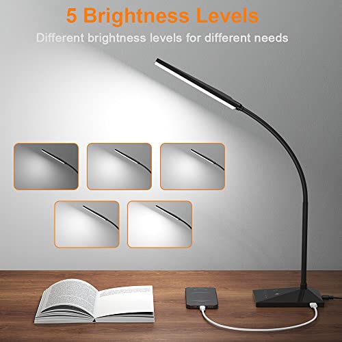 Vansuny Led Desk Lamp With Usb Charging Port, Eye-Caring, 5 Color Modes,6 Brightness Levels, Touch Control, Flexible Gooseneck, Memory Function For Dorm Office Work Bedroom (12W,Black) #TOP5