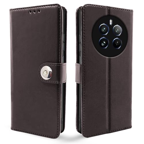 Image of Pikkme Realme 12 Pro 5G / Realme 12 Pro Plus 5G Flip Cover Leather Finish | Inside TPU with Card Pockets | Wallet Stand and Shock Proof | Complete Protection Button Flip Case (Coffee)