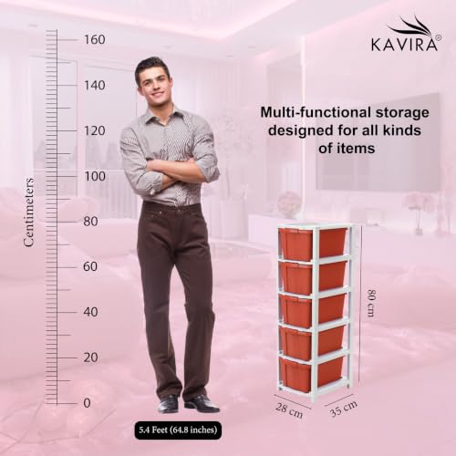 Image of Kavira Plastic Drawer Storage Tower - Space Organizer|Red,5 Layer