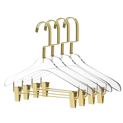 Quality 12.5" Kids Size Acrylic Lucite Skirt Pant Hangers – 4-Pack, Stylish Clothes Hanger With Gold Or Silver Hooks - Coat Hanger For Dress, Closet Organizer Children's Hangers (Gloss Gold, 4) #TOP12