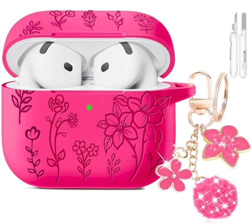 Image of for AirPods 4 Case, Soft Silicone Flower Engraved Cases Pink | with Cleaner & Foral Charm Keychain, Cute Girly Stylish Women AirPods 4 Accessories - Shockproof, Scratch & Dust Resistant