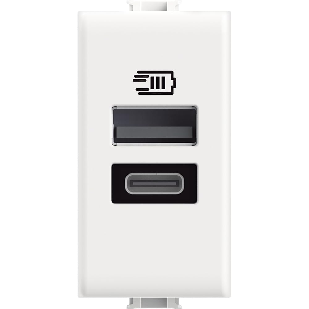 Bticino AM4191AC Chargeur USB avec Deux entrées de Type A et C, à Installer dans la Plaque Matix, pour recharger Un Appareil électronique jusqu'à 15 W ou Deux appareils simultanés, 1 Place, Blanc