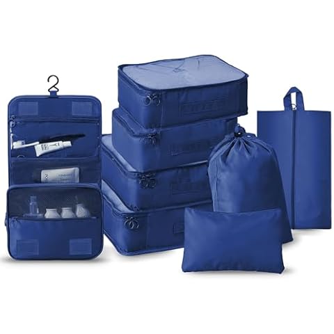 TARFEPA 8 Piece Compression Packing Cubes Set,2 Colors for Luggage Organizer,Travel Accessories and Essentials,Carry On Suitcases, Dark Blue Cover