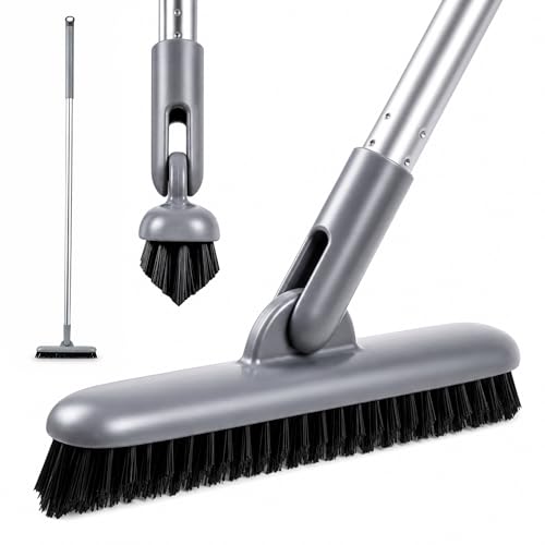 DSV Standard Grout Scrub Brush with Long Handle, 50'' Tile Grout Scrubber, V-Shape Crevice Cleaning Brush for Hard to Reach Areas, 180° Rotation Grout Cleaner for Tile Floors, Baseboards and Corners