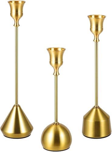 Elegantes portavelas de latón vintage dorado, juego de 3 portavelas cónicos con base pesada para bodas, mesa de comedor, decoración de vacaciones