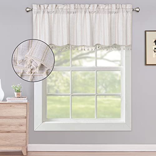 Caremee Kitchen Valance 1 Panel Kaki Stripe Window Valance For Farmhouse Country Decor Linen Blend Fabric Short Curtains Light Filtering Curtains, 54 X 15 Inches, Kaki #TOP21