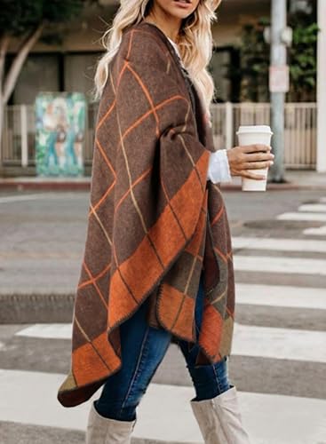 Image of Bestshe Women's Boho Open Front Poncho Plaid Shawl Wrap Cape
