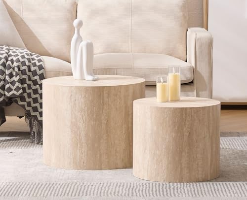 CIMOTA Round Wood Nesting Coffee Table Set of 2, Modern Circle Travertine End Side Table Sets for Living Room, Light Wooden Color/No Assembling