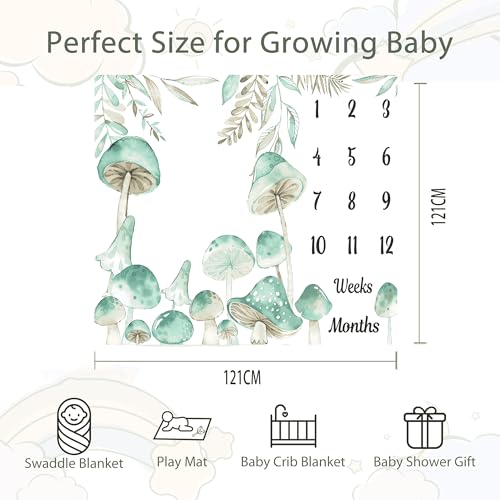 Image of Mushroom Theme Baby Monthly Milestone Blanket, Soft Flannel Watercolor Spring Tropical Eucalyptus Leaves Botanical Photography Prop Newborn Baby Shower Age Growth Tracker (Green White, 48x48in)