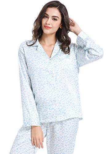Image of Serenedelicacy Women's Satin Pajama Set Long Sleeve Button Down Sleepwear 2-Piece Silky Pj Set