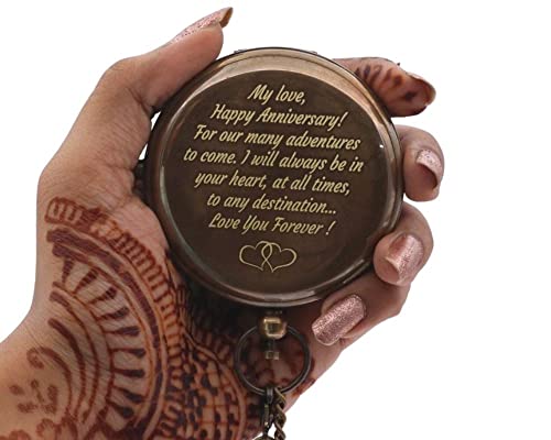 Yvcrafts Brass Sundial Compass With Leather Case And Chain, Engraved Gift For Him, Sundial Clock Unique Gifts For Men, Personalized Compass For Boyfriend, Fiancé (Happy Anniversary) #TOP1