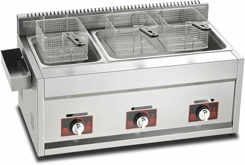 Fritor Comercial De Gas/LGP, Gran Capacidad De 33L, Control De Temperatura Independiente, Encima Del Mostrador De Acero Inoxidable Grueso, Con 2 Cesta Y Tapa