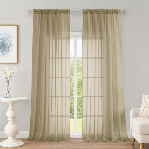 Image of OWENIE Extra Long Taupe Sheer Curtains 96 Inches Long 2 Panels Set, Soft Lightweight Airy Voile Sheer Curtain for Bedroom Living Room, Rod Pocket Solid Color Farmhouse Curtains, 59 inch Wx96 L Inch