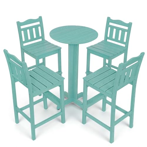 Image of 5-Piece Outdoor Bar Set, HDPE Adirondack Bar Height Chairs Set of 4 and Round Pub Table, All Weather Outdoor Patio Bar Furniture for Bistro, Deck, Balcony, Poolside (Aruba Blue)