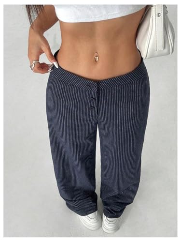 MakeMeChic Women's Striped Wide Leg Dressy Pants Low Waist Button Business Trousers4