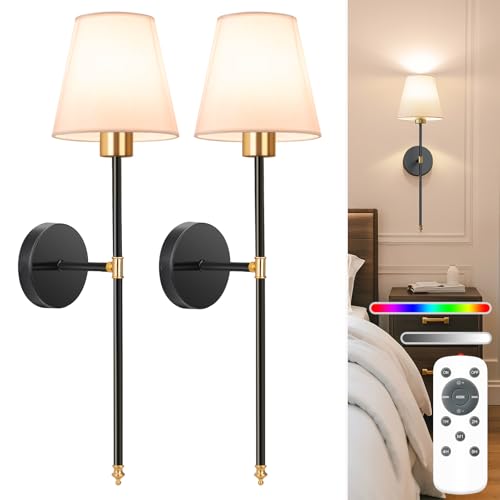 Image of NIORSUN Battery Operated Wall Sconce Set of 2,Gold-Black Rechargeable Wall Lights with 10400mAh Dimmable Bulbs and Remote,9 Colors Wireless Wall Lamps for Bedroom Living Room Hallway Decor