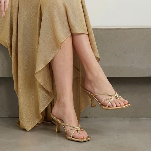 Image of Women's Strappy Square Open Toe Kitten Heel Thong Sandals Slip On Mule Style Dressy Summer Heels