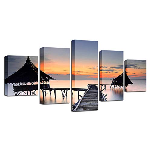 Impression sur toile 5 pièces cabane de plage déco murale moderne pour grand salon