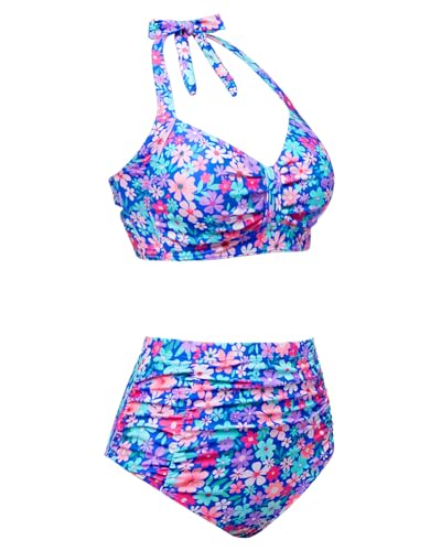 Image of Holipick Women High Waisted Bikini Set Two Piece Swimsuit Tummy Control Bathing Suit Vintage Halter Swimwear