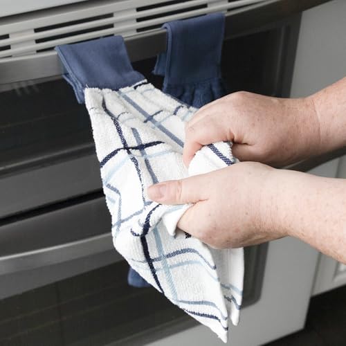 Image of Ritz Premium 100% Cotton Solid and Multi Check Kitchen Tie Towel, Absorbent, Super Soft, and Fast Drying Hang Towel, Set of Two, Federal Blue